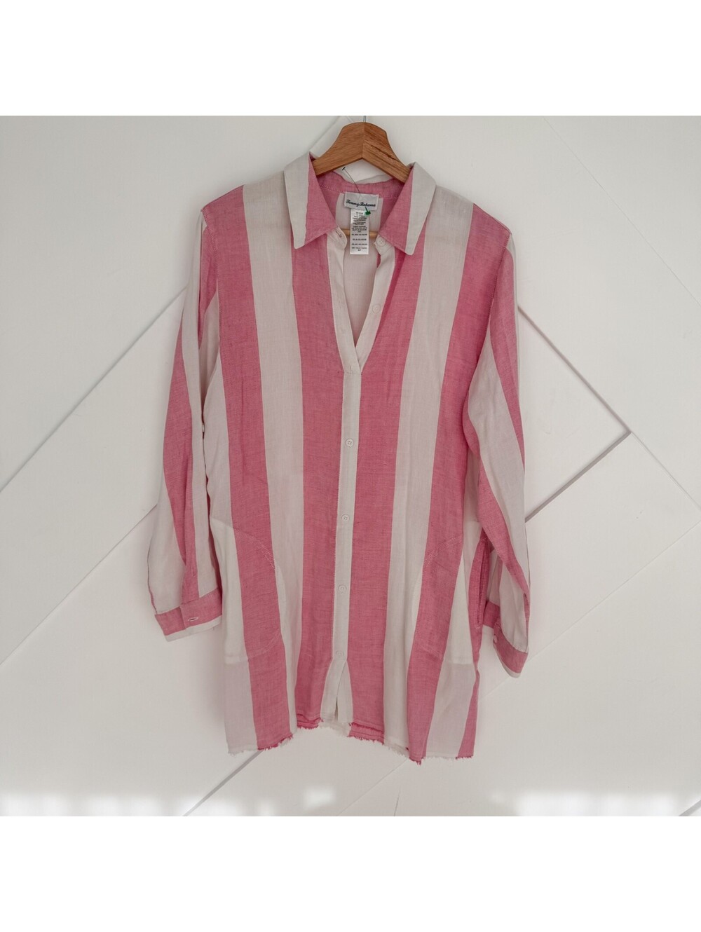Tommy Bahama Pink and White Cabana Striped Linen Viscose Tunic Shirt Size S